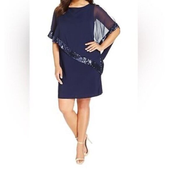 Xscape Capelet Mini Dress Navy Blue Sequin Trim Sheath Sheer Cape Sz 10 - Picture 12 of 12